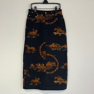 Vintage Ralph Lauren Polo Black Denim Midi Skirt Equestrian Horse Print 8